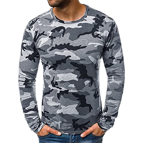 Langarmshirt Herren Langarm-Shirt mit Rundhalsausschnitt T-Shirt Herren Sommer Slim Casual Camouflage Printed Langarm Top Bluse (L,2grau) von Yowablo