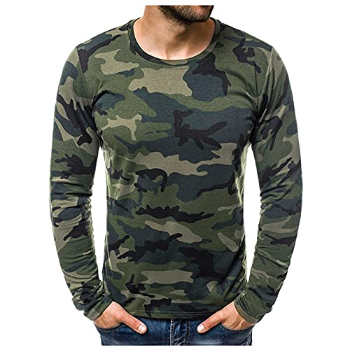 Langarmshirt Herren Langarm-Shirt mit Rundhalsausschnitt T-Shirt Herren Sommer Slim Casual Camouflage Printed Langarm Top Bluse (M,2armeegrün) von Yowablo