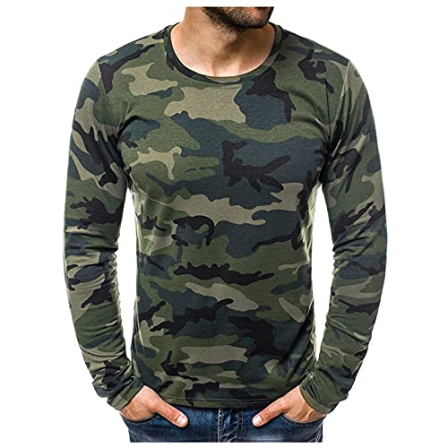 Langarmshirt Herren Langarm-Shirt mit Rundhalsausschnitt T-Shirt Herren Sommer Slim Casual Camouflage Printed Langarm Top Bluse (XXL,2armeegrün) von Yowablo