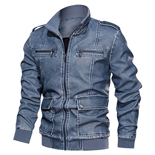 Lederjacke Herren Kunstleder Bikerjacke Jeansjacke Big Size Solid Causal Washed Lederjacke mit Stehkragen (6XL,4- Blau) von Yowablo