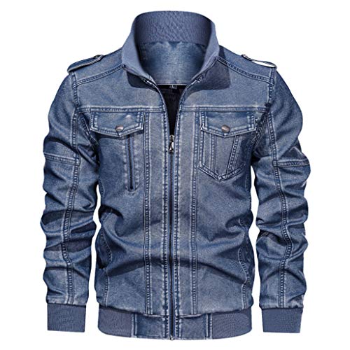 Lederjacke Herren Kunstleder Bikerjacke Jeansjacke Big Size Solid Causal Washed Lederjacke mit Stehkragen (L,2- Blau) von Yowablo