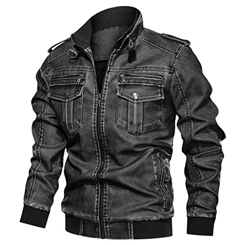 Lederjacke Herren Kunstleder Bikerjacke Jeansjacke Big Size Solid Causal Washed Lederjacke mit Stehkragen (XL,3- Dunkelgrau) von Yowablo