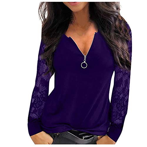 Longshirt Damen Oberteile Tshirt Langarm Shirt Bluse Tunika Tops Damen Mode Casual Lace Mesh Stitching V-Ausschnitt Reißverschluss Langarm (XXL,1Lila) von Yowablo