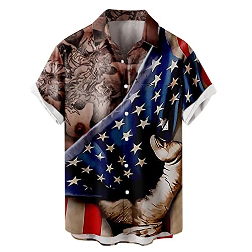 Mens Independence Day Flag 3D Digitaldruck Personalisiertes Mode Knopf T Shirt Shirt Kurzarm Shirt Top Herren Hemd Cool von Yowablo