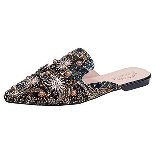 Mode Sommer und Herbst Frauen Pumps Niedrige Ferse Flache Spitze Perle Strass Bunte Druck Halbe Hausschuhe Pantoletten Sommer Damen Schuhe von Yowablo