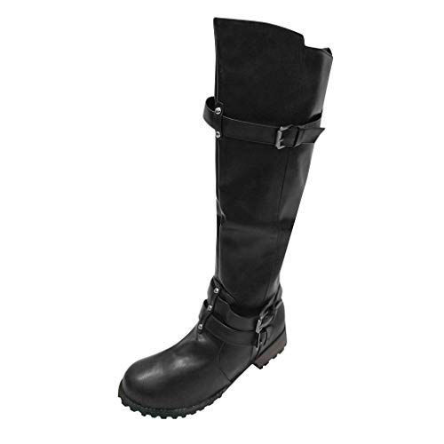 Reitstiefel Classic Stiefel Frauen Leder Runde Zehen Slip-On High Heel Schuh über dem Knie Cowboy Knight (43,Schwarz) von Yowablo