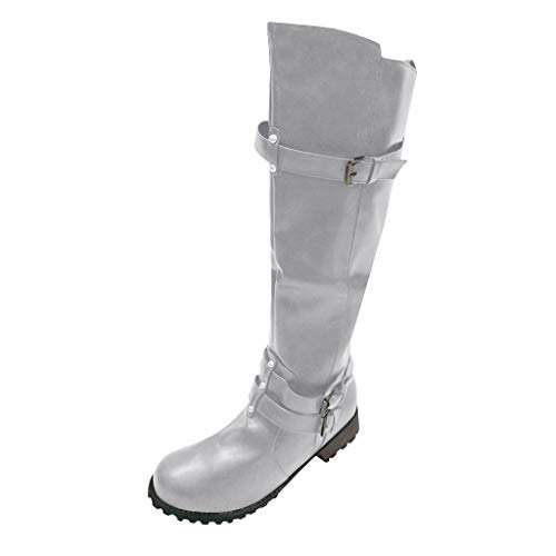Reitstiefel Classic Stiefel Frauen Leder Runde Zehen Slip-On High Heel Schuh über dem Knie Cowboy Knight (43,Weiß) von Yowablo