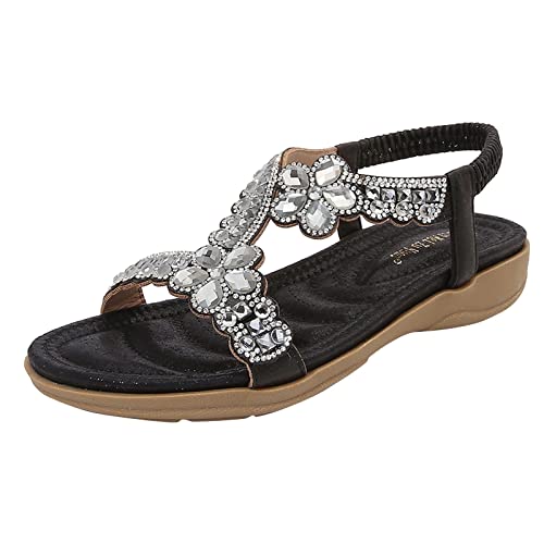 Yowablo Sandalen Böhmen Sommer Frauen Damen Bling Crystal Flat Beach Freizeitschuhe (37,Schwarz) von Yowablo