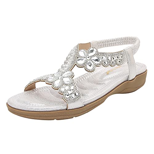 Yowablo Sandalen Böhmen Sommer Frauen Damen Bling Crystal Flat Beach Freizeitschuhe (38,Silber) von Yowablo