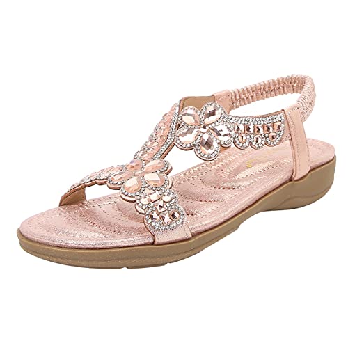 Yowablo Sandalen Böhmen Sommer Frauen Damen Bling Crystal Flat Beach Freizeitschuhe (41,Rosa) von Yowablo