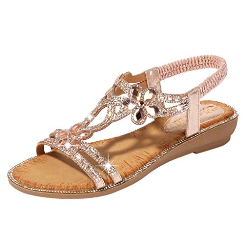 Sandalen Frauen Böhmen Sommer Bling Flower Crystal Flat Beach Freizeitschuhe (42,1Rosa) von Yowablo