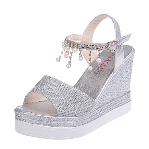 Sandalen Frauen Mode Wedges Plattformen Crystal Pearl High Heels Schuhe (37,Silber) von Yowablo