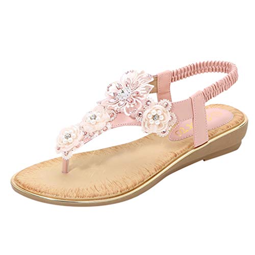 Sandalen Frauen Sommer Blume Kristall Perle Flip Flops Strand Freizeitschuhe (39,Rosa) von Yowablo