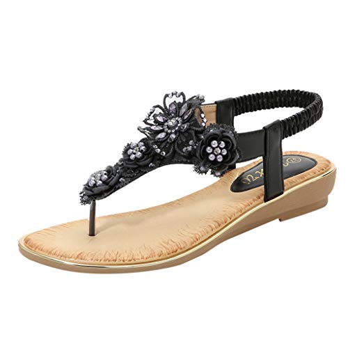 Sandalen Frauen Sommer Blume Kristall Perle Flip Flops Strand Freizeitschuhe (40,Schwarz) von Yowablo