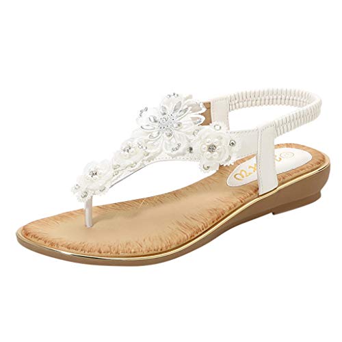 Sandalen Frauen Sommer Blume Kristall Perle Flip Flops Strand Freizeitschuhe (41,Weiß) von Yowablo