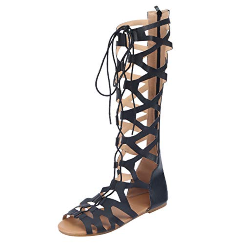 Sandalen Frauen Sommer Mode Casual Flats Kniehohe Stiefel Schuhe (37,Schwarz) von Yowablo