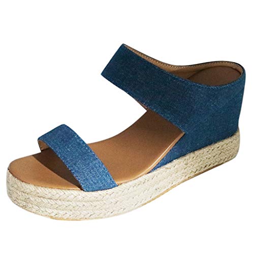 Sandalen Frauen Sommer Open Toe Atmungsaktive Strandsandalen Slip-On Stroh Casual Wedges Schuhe (39,blau) von Yowablo