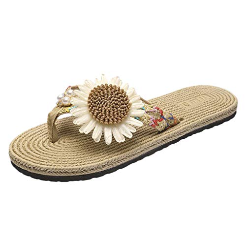 Sandalen Hausschuhe Damen Wohnungen Flip-Flops Open Toe Bequeme Strohschuhe (37,Braun) von Yowablo