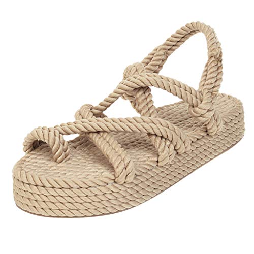 Sandalen Schuhe Frauen Böhmische Flache Leinen Seil Plattform Weibliche Open Toe Slip-On Schuhe (38,1beige) von Yowablo