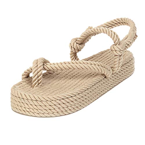 Sandalen Schuhe Frauen Böhmische Flache Leinen Seil Plattform Weibliche Open Toe Slip-On Schuhe (39,2beige) von Yowablo