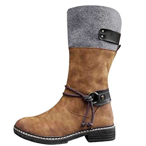 Schuhe Frauen Freizeit Schnalle Große Solid Med Square Heels Boot (41,Braun) von Yowablo