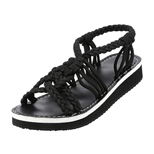 Schuhe Frauen Mode gewebte Strandsandalen lässig (37,Schwarz) von Yowablo