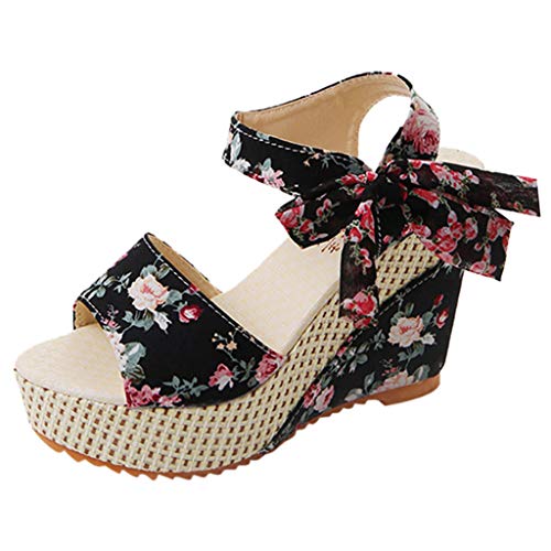 Schuhe Frauen Plattform Keile Absatz Sandalen Blumen Blume Schnürschuhe (37,Schwarz) von Yowablo