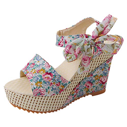 Schuhe Frauen Plattform Keile Absatz Sandalen Blumen Blume Schnürschuhe (38,Blau) von Yowablo