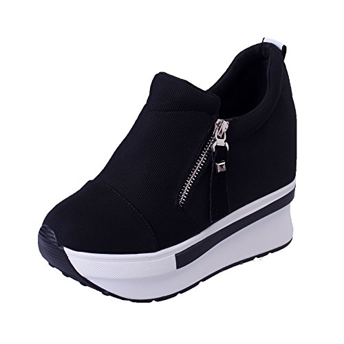 Schuhe Frauen Wedges Stiefel Plattform Slip On Ankle Boots Mode Freizeitschuhe (36,Schwarz) von Yowablo