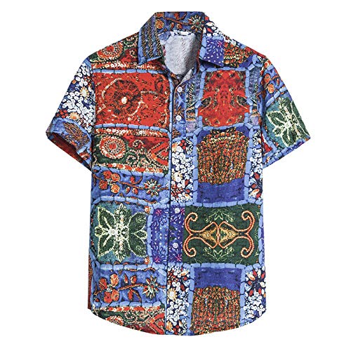 Yowablo Shirt Herren Cardigan Kurzarm Hawaiian Beach Flower Rollkragenshirt (XL,B) von Yowablo