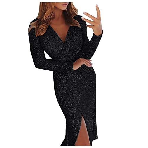 Solides, langärmeliges, glitzerndes Kleid mit V-Ausschnitt für Damen und sexy Abendessenkleid Kleid Damen Größe 52 (A-Black, XL) von Yowablo