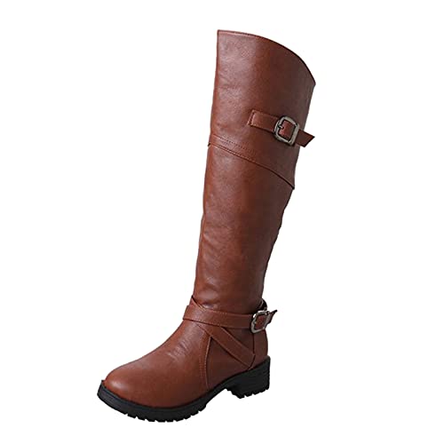 Stiefel Damen Leder High Heel Mittlerer Absatz Retro Schnalle Reiter Stiefel Lange Stiefel Schuhe (40,braun) von Yowablo