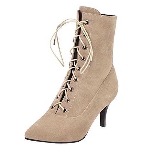 Stiefel Damen Mode Wildleder High Heels Schnürung Einfarbig Short Pointed Toe Schuhe (39,Beige) von Yowablo