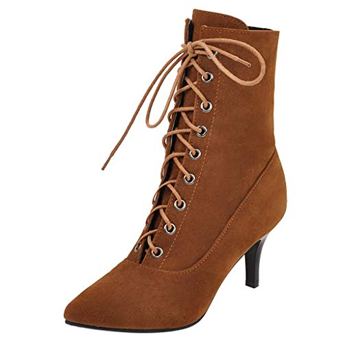 Stiefel Damen Mode Wildleder High Heels Schnürung Einfarbig Short Pointed Toe Schuhe (40,Braun) von Yowablo