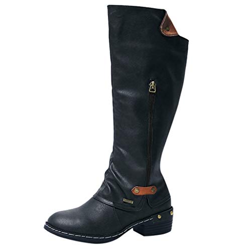 Stiefel Damen Schnee Thermal Winter Warm Wasserdicht Mittelhoher Stiefel Frauen Reißverschluss Vierkantabsatz Einfarbig Hohe Stiefel Kniehohe Schuhe Runde Zehen (42,Schwarz) von Yowablo