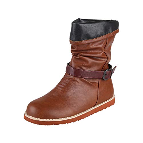 Stiefel Frauen Flat Slip On Solid Fashion Lässige Schuhe mit rundem Zehengürtel (42,Braun) von Yowablo