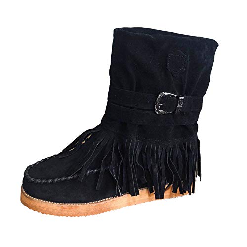 Stiefel Frauen Mode Casual Round Toe Retro Fransen Short Ankle Flat Schuhe (43,1Schwarz) von Yowablo