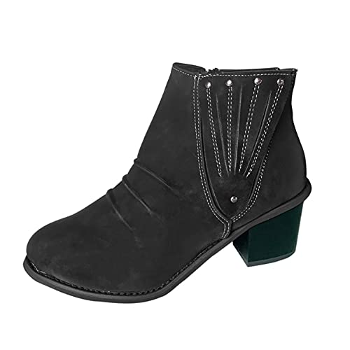 Stiefel Frauen Mode Reine Farbe Runde Zehen Bowknot Zipper Square Heels Vintage (40,Schwarz) von Yowablo