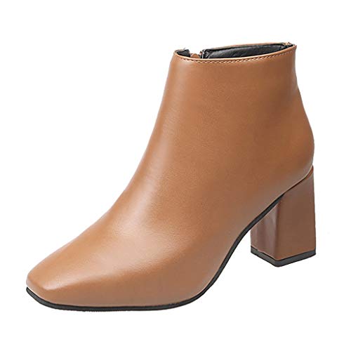 Stiefel Schuhe Frauen Freizeit Solid Pointed Toe Zipper Square High Heel (40,Braun) von Yowablo