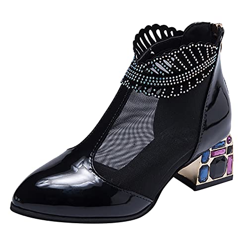 Stiefel Schuhe Frauen Vintage Strass Netzgarn Spitz Reißverschluss High Heel Kurze Nackte Stiefel Cowboystiefel Für Frauen Schuhe (38,schwarz) von Yowablo