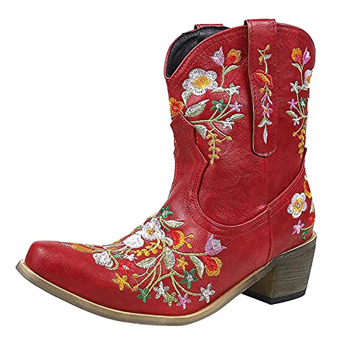 Stiefeletten für Damen Stiefel Stiefelette Stiefel Damen Cowboy Cowgirls Stiefel Blumen Bestickte Retro Schuhe Stiefeletten (41,rot) von Yowablo