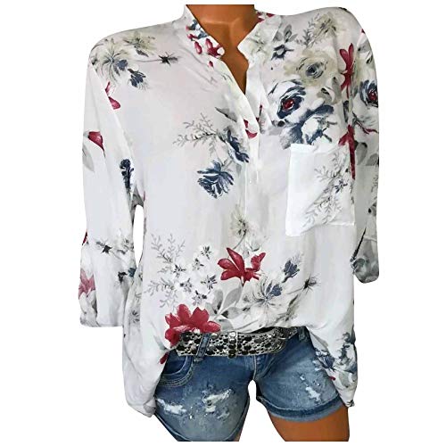 T-Shirt Bluse Frauen Top Print Elegante Knopf Pullover Blume Mode Floral Casual Bottom Plus Size Tops (XL,a-Weiß) von Yowablo