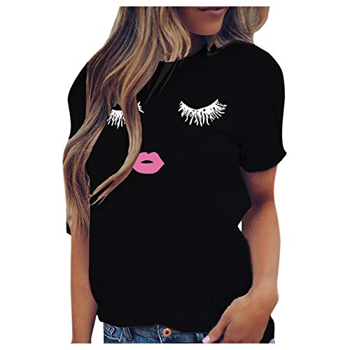 T-Shirt Damen lässig Spaß Wimpern Ausdruck drucken Kurzarm Weste (5XL,3Schwarz) von Yowablo