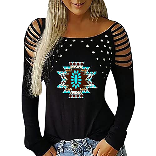 T-Shirt Top Pullover Frauen Hot Strass Hohl Retro Druck Casual Hohl Langarm (M,8schwarz) von Yowablo