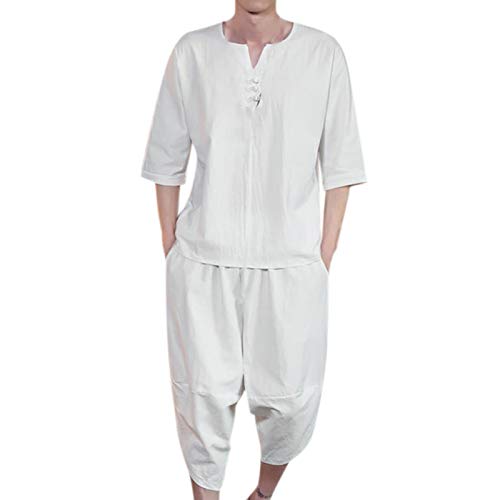 T-Shirt Top Shorts Anzug Männer Sommermode Lässig Bequem Hanf Kurzarm (Top + Hose) (4XL,2weiß) von Yowablo