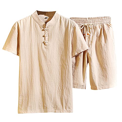 T-Shirt Top Shorts Anzug Set Herren Einfarbig Kurzarm T-Shirt Große Größe Casual Set (Top + Hose) (5XL,1khaki) von Yowablo