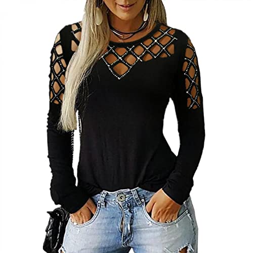 Tops Plus Size Frauen Casual Langarm Cut aushöhlen Bluse T-Shirt (XXL,Schwarz) von Yowablo