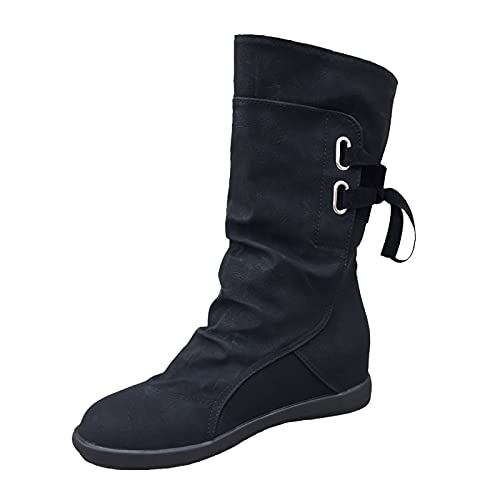 Winterschuhe Damen Winterstiefel Damen Schneestiefel Damen Winterboots Damen Stiefel Damen Motorradstiefel mit Keilabsatz zum Schnüren Mid-Tube Rider Boots Schuhe (42,schwarz) von Yowablo