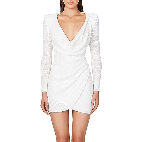 Yowablo , langärmeliges Paillettenkleid mit V-Ausschnitt, Rucksäcken und Hüften Festliche Kleidung Damen (White, XXL) von Yowablo