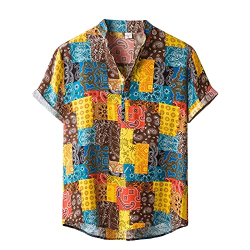 Yowablo Bluse Herren Sommer Mode Stehkragen Druck Baumwolle-Leinen Kurzarm Top (L,Gelb-1) von Yowablo